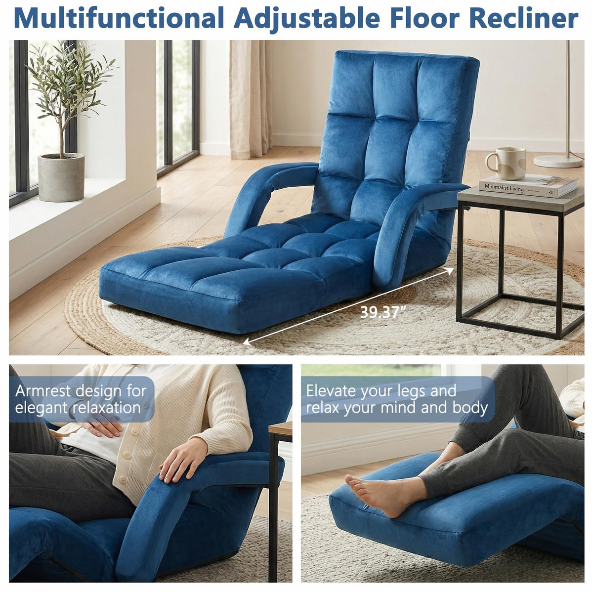 Velvet Adjustable Floor Gaming Chair with 14-Positions, Folding Floor Chair with Back Support, Indoor Floor Chairs with Armrest for Living Room, Bedroom, Balcony, Grey