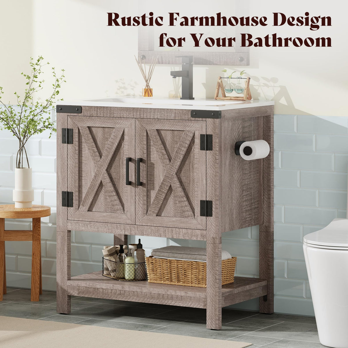 AMERLIFE 48" White Farmhouse Sink Bathroom Vanity, Solid White Top