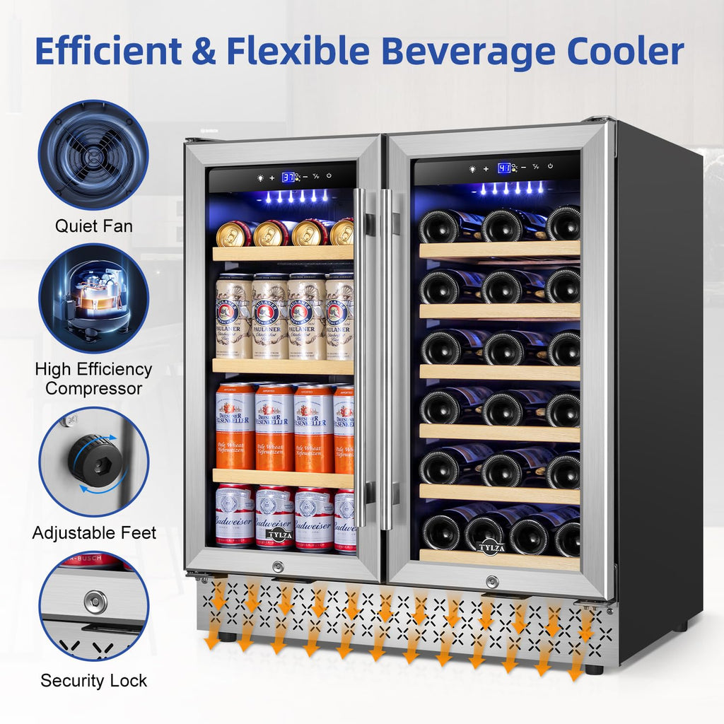Tylza 24" Dual Zone Wine and Beverage Cooler Quiet Compressor