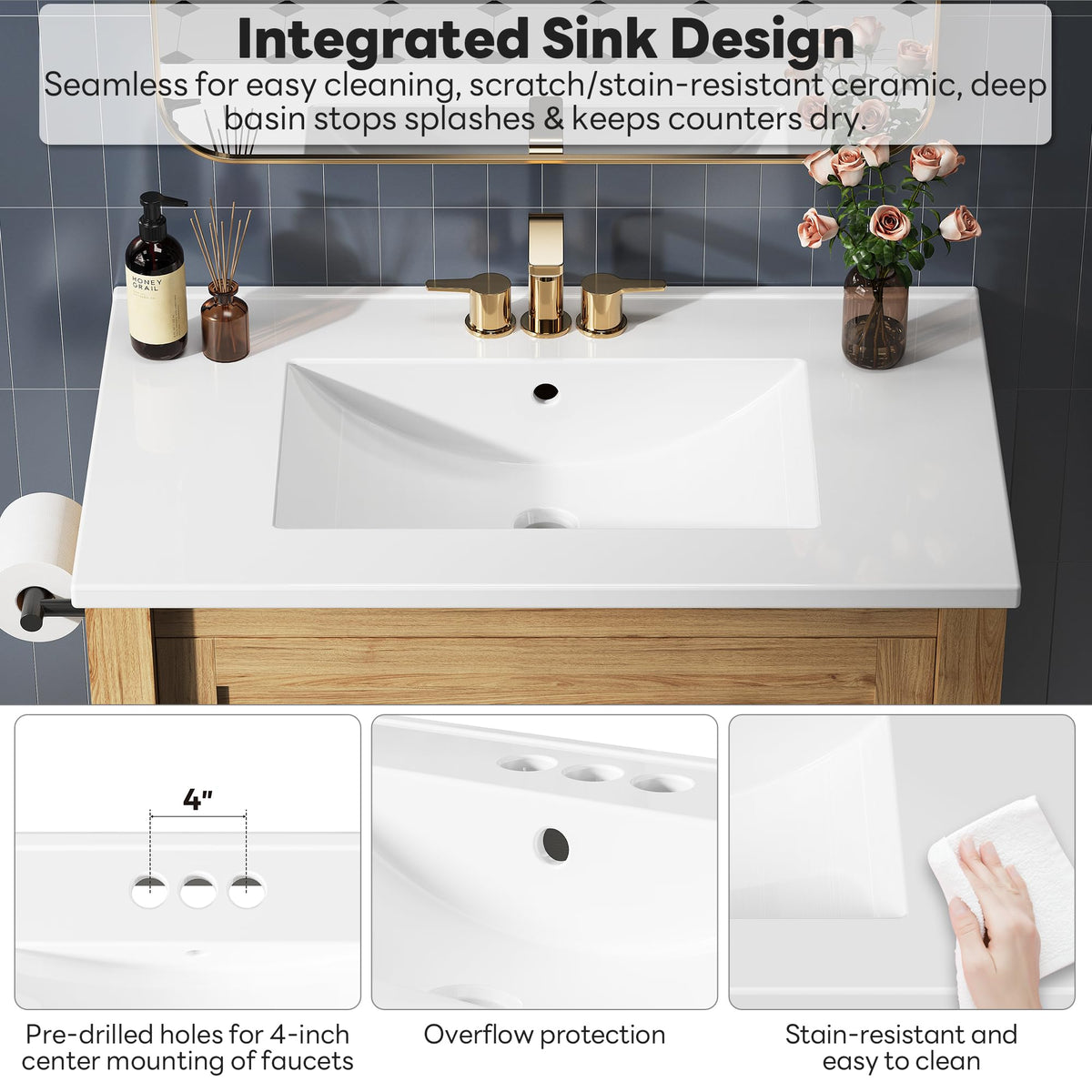 LIKIMIO 36 Inch Bathroom Vanity with Sink, Adjustable Solid Wood Legs