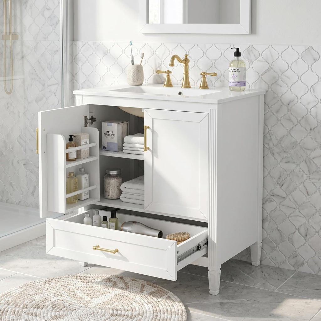 30" Bathroom Vanity Cabinet with Undermount Sink, Storage Rack Shelf, Multi-Functional Drawer Divider, Soft Closing Doors, Black