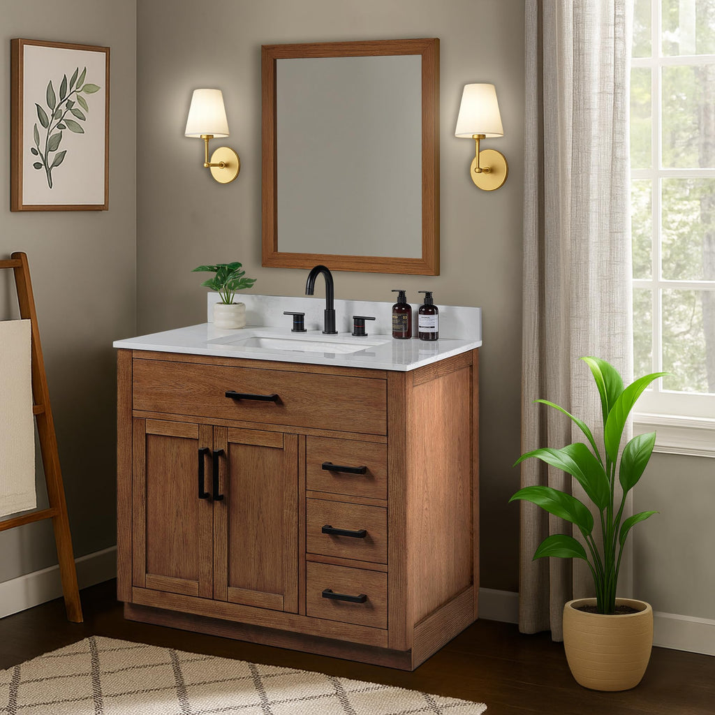 48-inch Dark Walnut Bathroom Vanity with Sink, Solid Wood, 0.79-inch Stone Countertop and Backsplash, 9 Drawers, 2 Soft Closing Doors