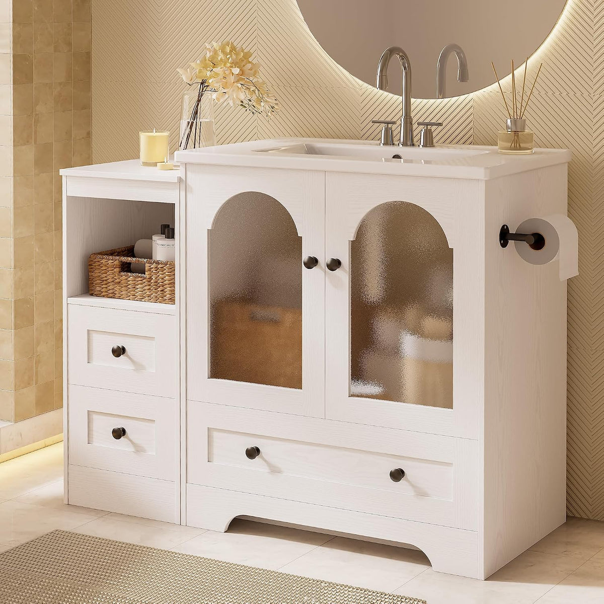 IRONCK 42 Inch Bathroom Vanity with Sink Set, Reversible Design, White