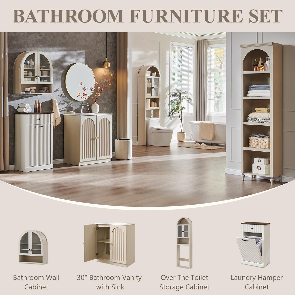 IFGET 30 Inch Bathroom Vanity with Sink, Arched Fluted Design, Natural Oak