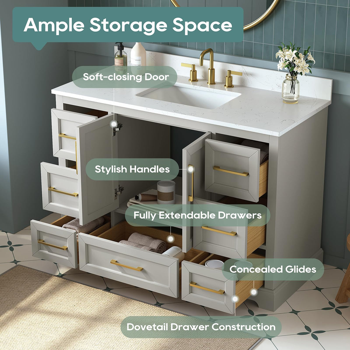 60 Inch Bathroom Vanity with Double Sink Combo, Greige