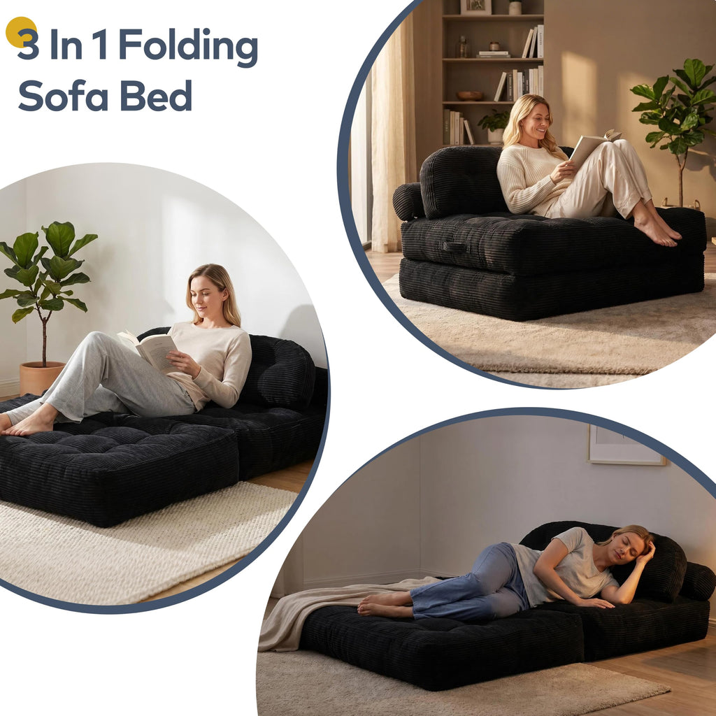 Convertible Corduroy Floor Sofa, 3-in-1 Folding Lazy Sofa Bed with Adjustable Backrest, Soft Bean Bag Chair Lounger for Living Room, Bedroom, Guest Room, Oversized Sleeper Chair