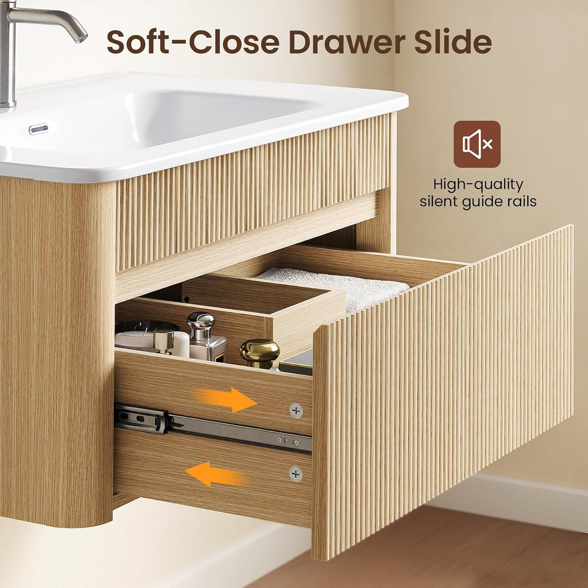 ModernMate 30 Inch Floating Bathroom Vanity with Ceramic Sink Combo, Solid Wood Curved Frame, Fluted Modern Wall Mounted Single Cabinet, Smart Storage, Soft-Close Drawer, Easy Assembly, Oak