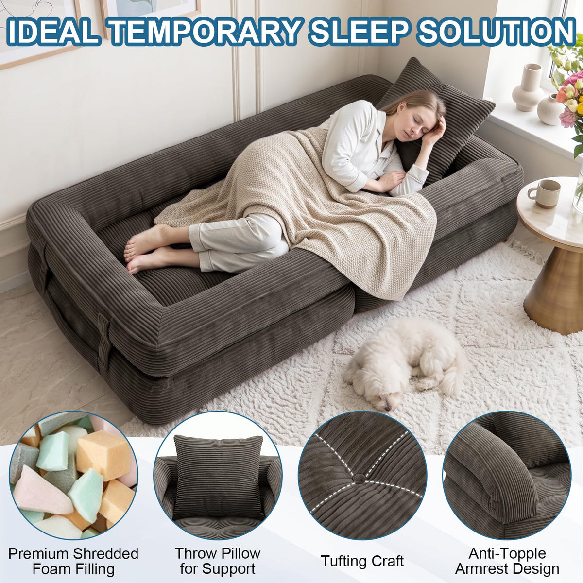 Folding Sofa Bed, Convertible Sleeper Chair with Armrests, Corduroy Foldable Boneless Bed, 3-in-1 Portable Futon Couch Floor Sofa with Pillow for Bedroom, Living Room, Orange