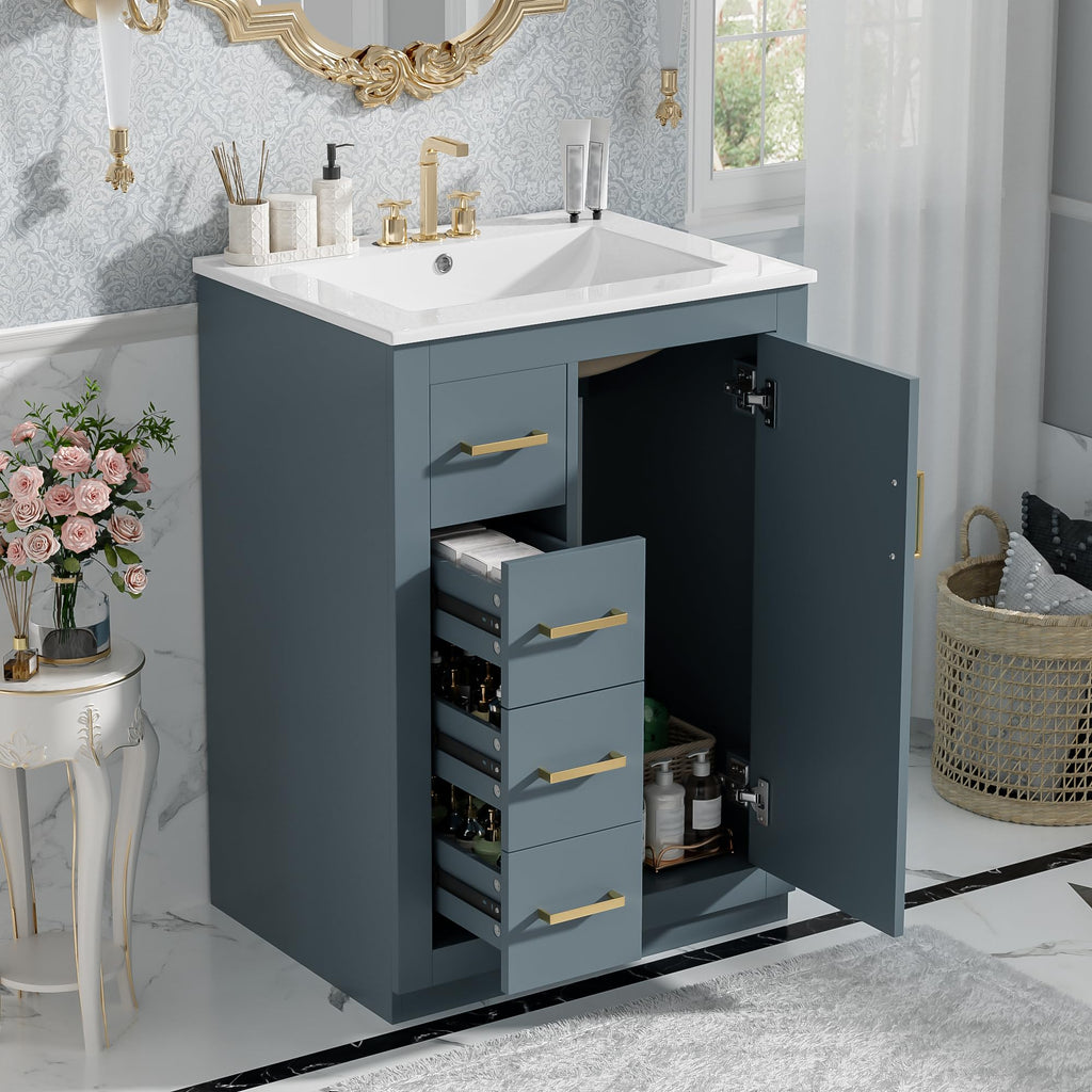 30 Inch Green Bathroom Vanity with Sink & Gold Handles,Light Luxury