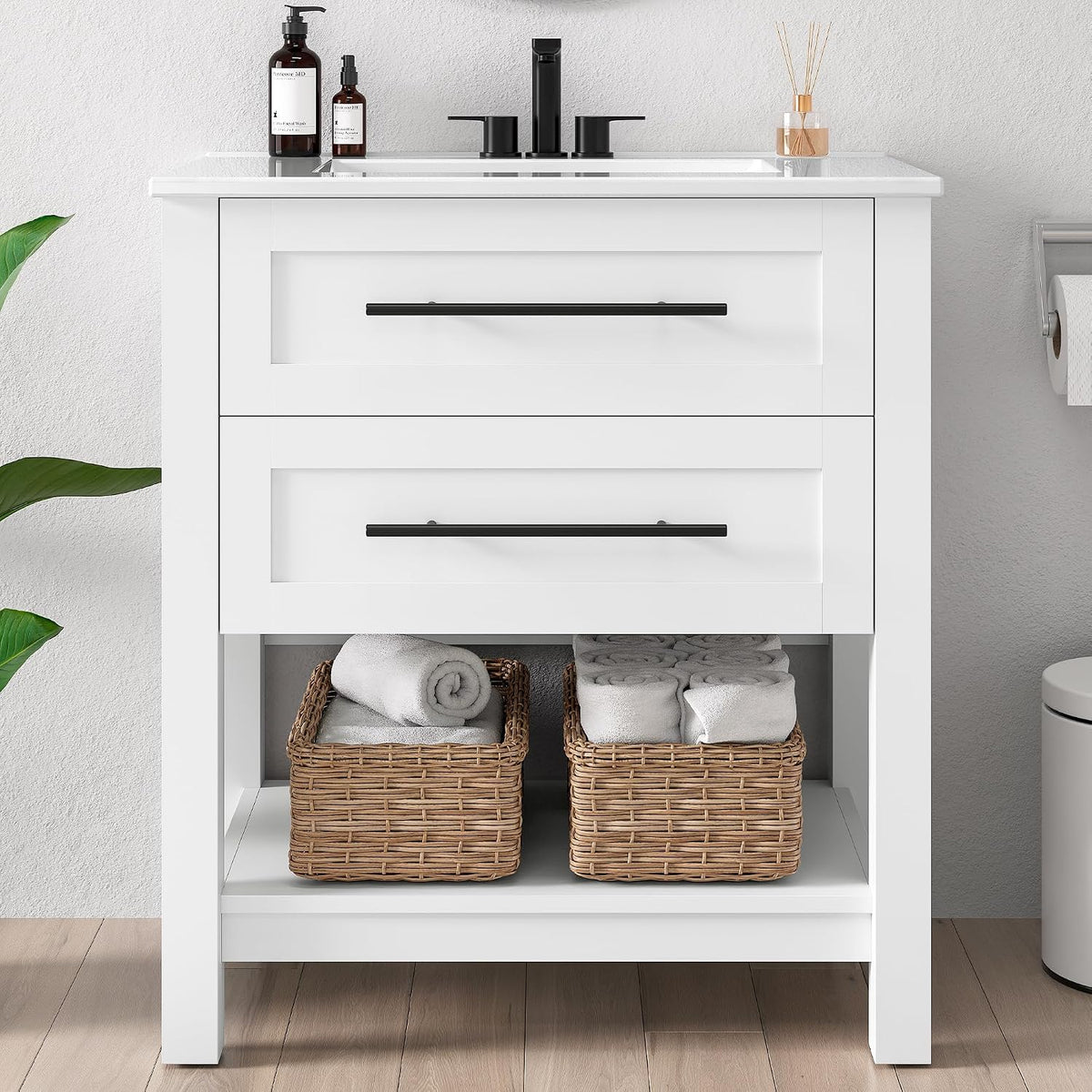 LIKIMIO 30" Bathroom Vanity with Sink, 2 Drawers & Open Shelf, White