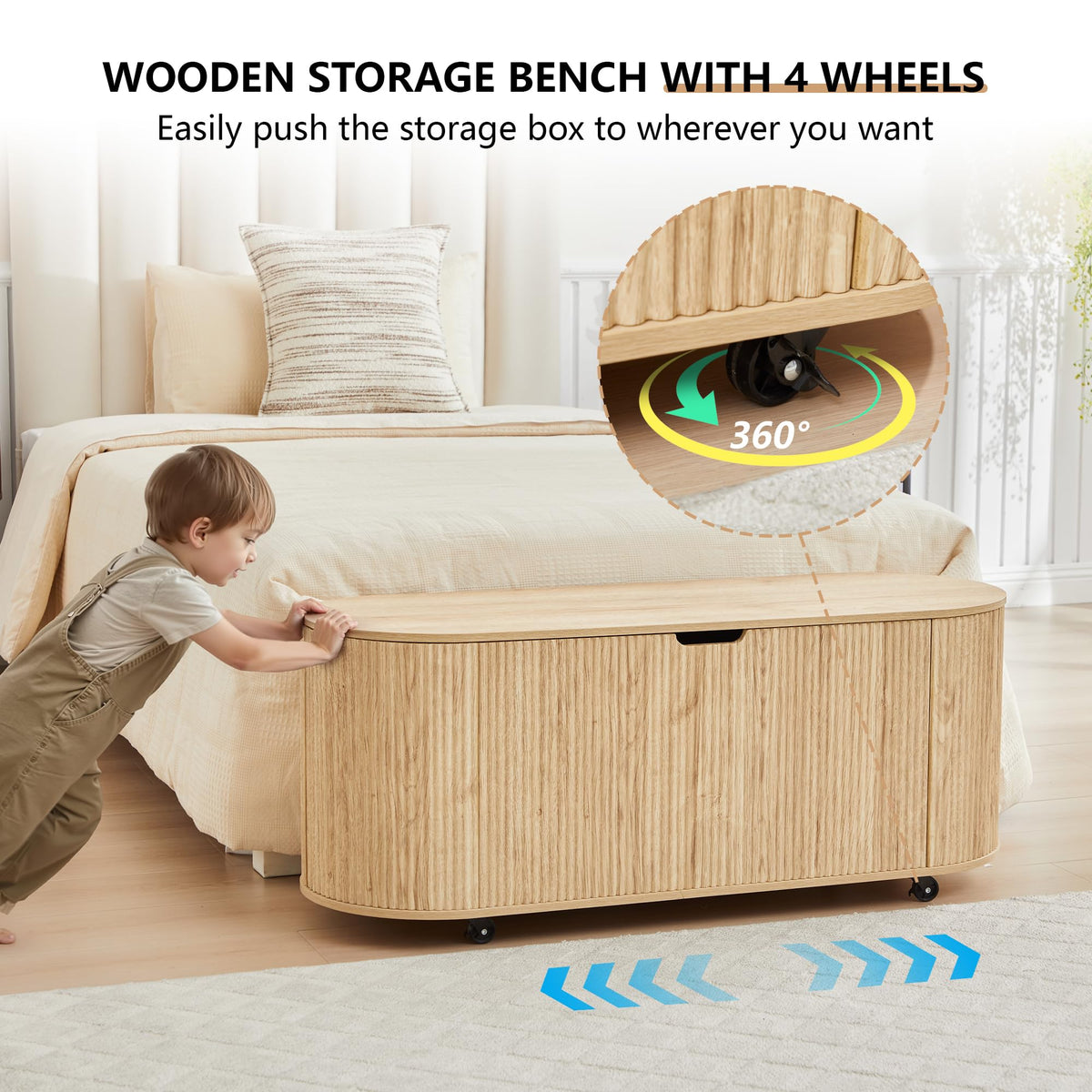 RARZOE 43.3" Fluted Storage Chest, Oval Storage Bench with 4 Wheels,(Green)