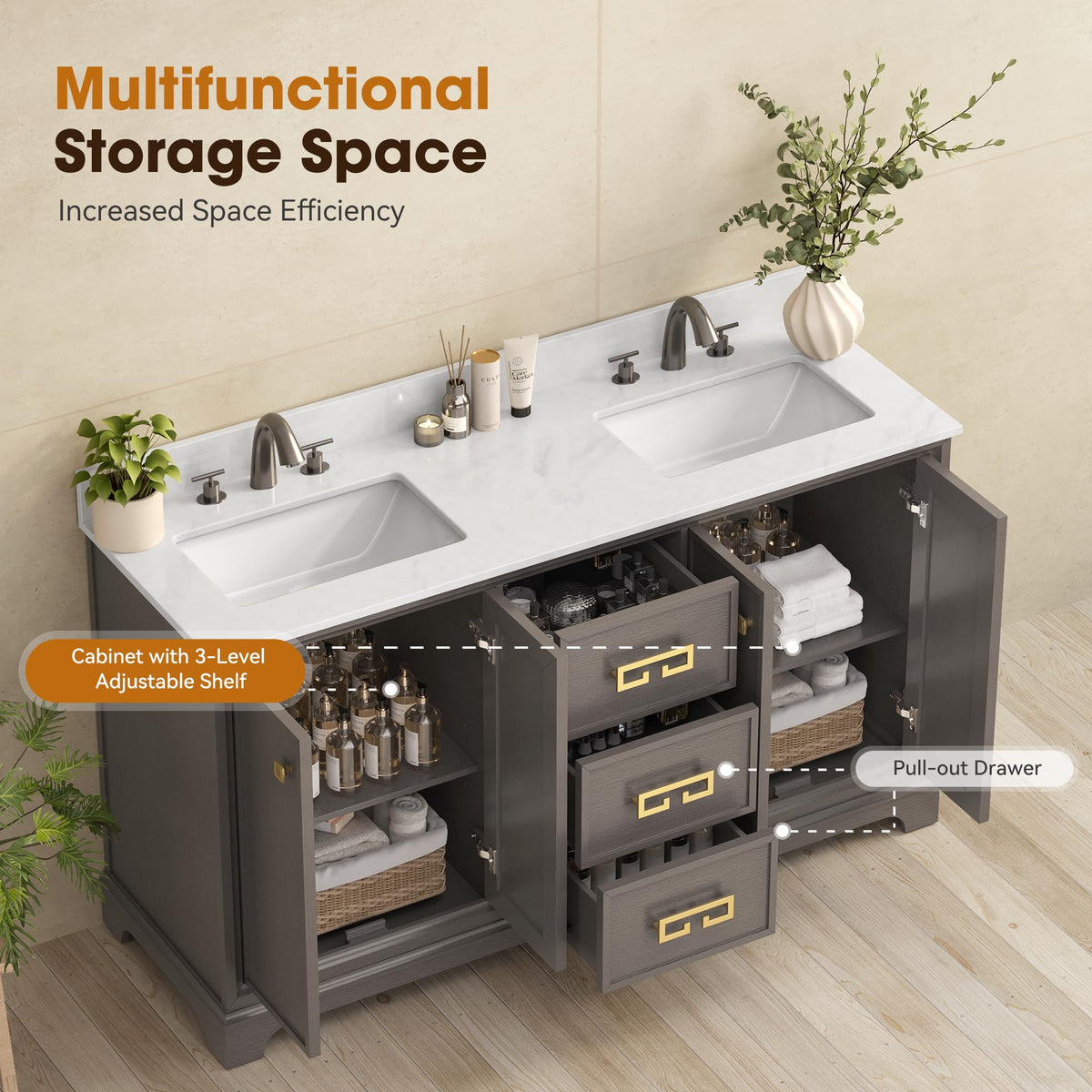 72 Inch Double Sink Bathroom Vanity Solid Wood, Fully Assembled