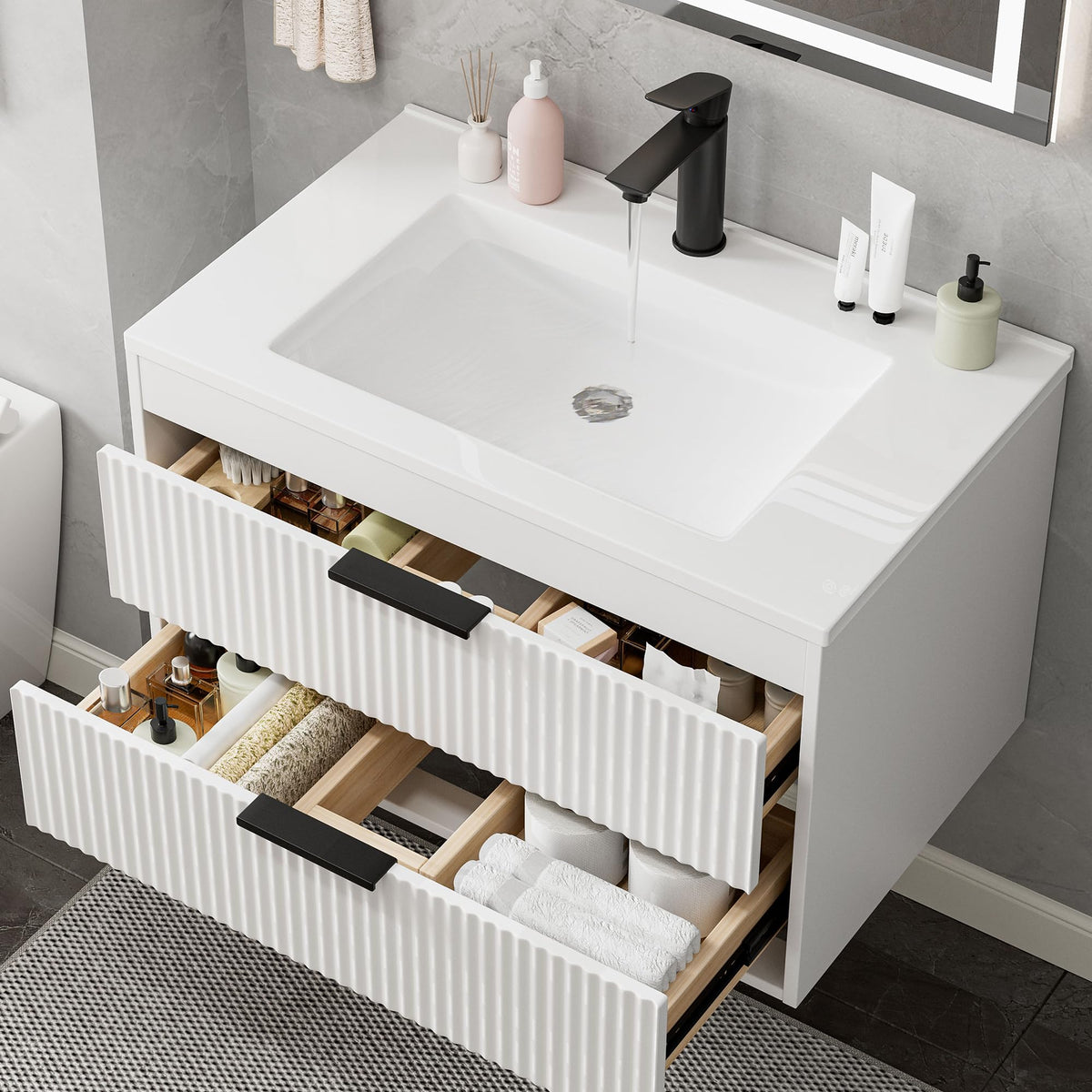 24 Inches Modern MDF Bathroom Vanity with Sink, Wall Mounted Floating Cabinets w/Double Drawers, Black Handles, White Resin Sink Combo Set (Black, 24")