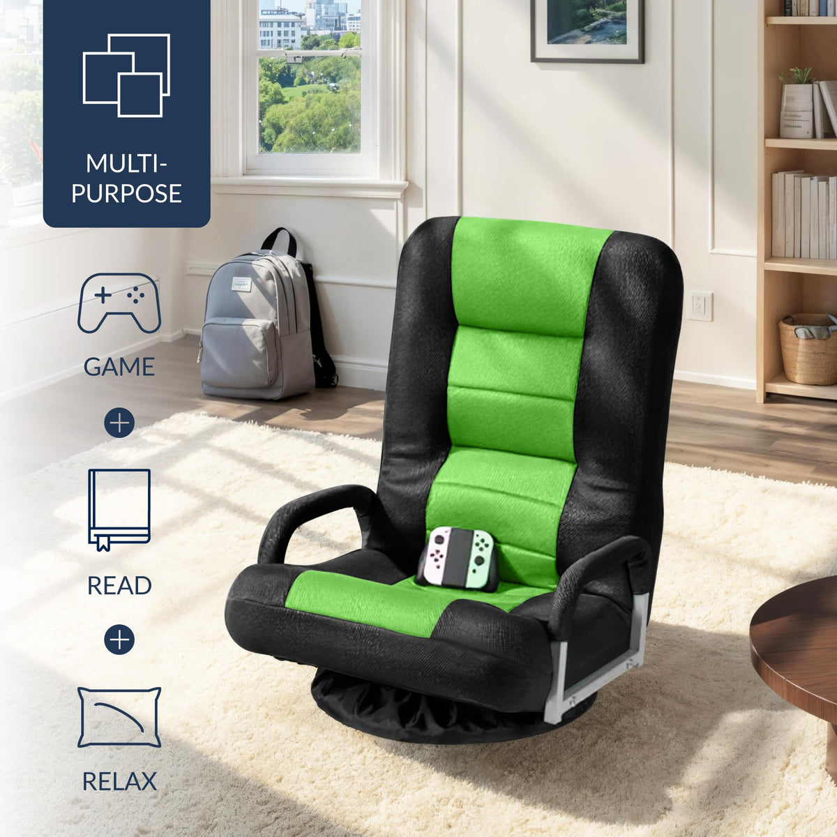Best Choice Products Swivel Gaming Chair 360 Degree Multipurpose Floor Chair Rocker for TV, Reading, Playing Video Games w/Lumbar Support, Armrest Handles, Adjustable Foldable Backrest - Black/Black