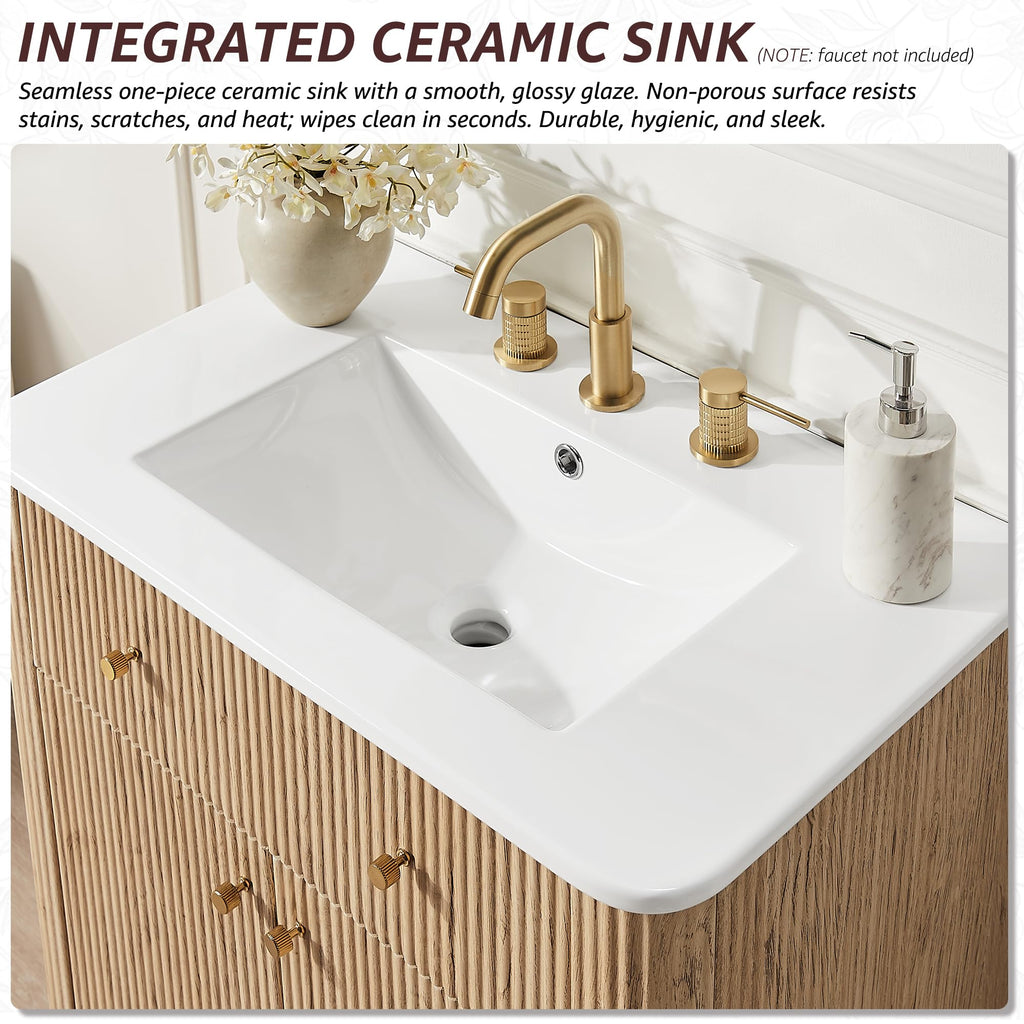 T4TREAM 36" Fluted Bathroom Vanity with Single Sink, Natural Oak