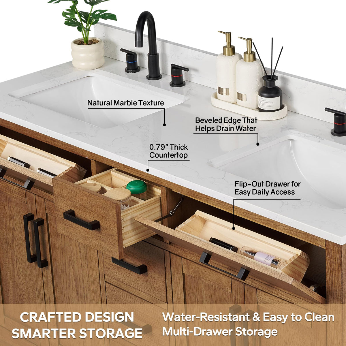 48-inch Dark Walnut Bathroom Vanity with Sink, Solid Wood, 0.79-inch Stone Countertop and Backsplash, 9 Drawers, 2 Soft Closing Doors