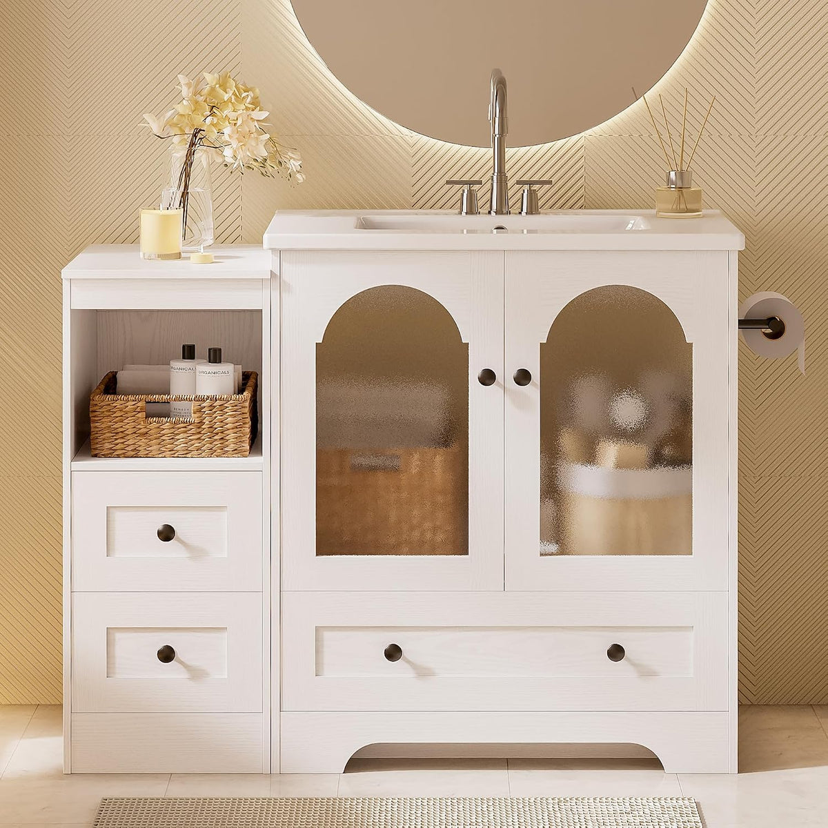 IRONCK 42 Inch Bathroom Vanity with Sink Set, Reversible Design, White