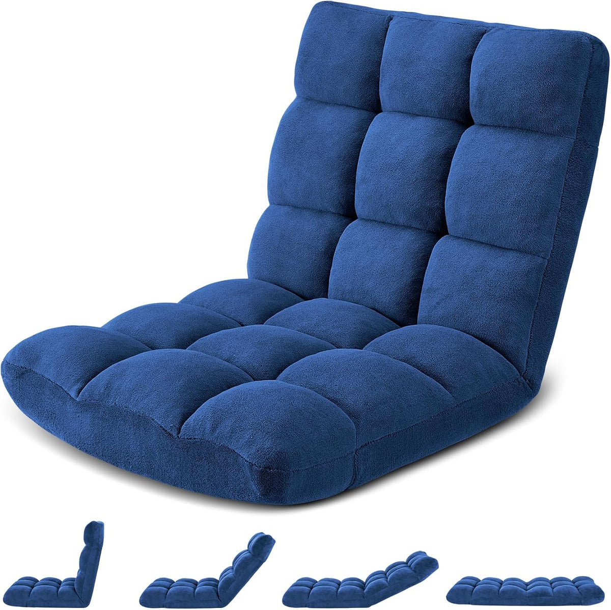 Folding Floor Gaming Chair 14-Poistion Cushioned Adjustable Floor Lazy Sofa Chair w/Breathable Cotton & Skin-Friendly Velvet for Adults & Kids Perfect for Reading Gaming Meditating, Darkblue