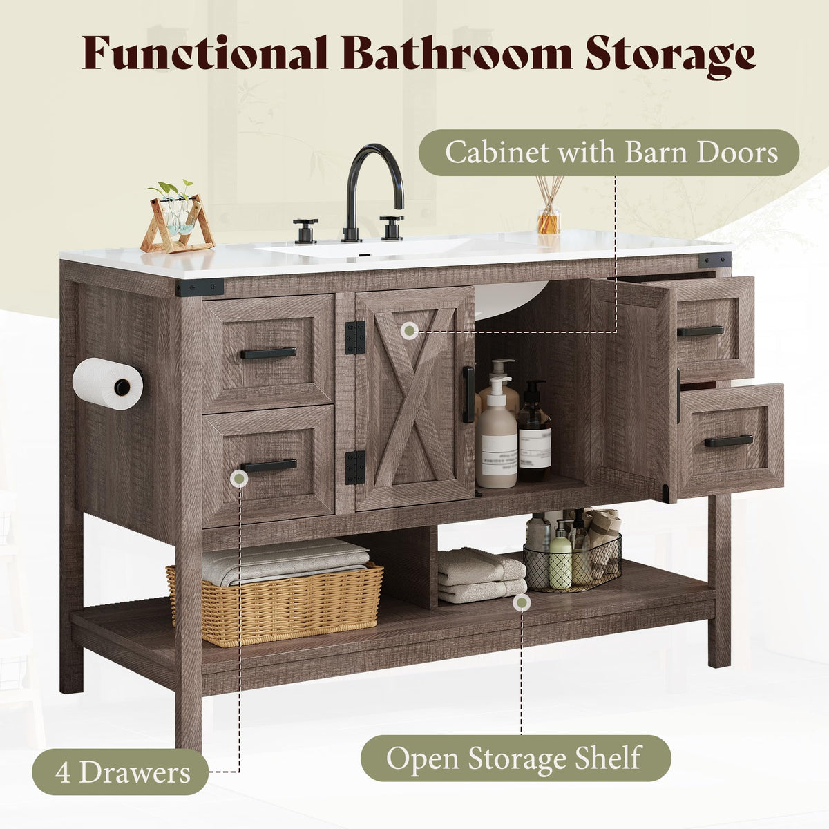 AMERLIFE 48" White Farmhouse Sink Bathroom Vanity, Solid White Top