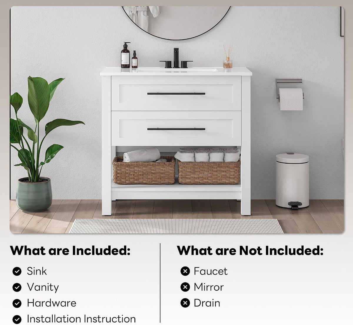LIKIMIO 36" Bathroom Vanity with Sink, 2 Drawers & Open Shelf, White