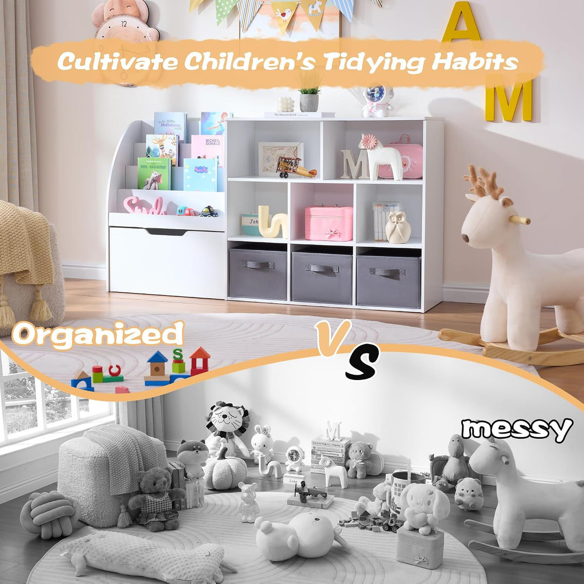 Fatmok Kids Bookshelf and Toy Storage, 2 Pack 58.5ââ Toy Organizer with Movable Chests & 3 Storage Bins, Large Kids Reading Nook with 5 Cubbies for Playroom, Bedroom, Nursery, White