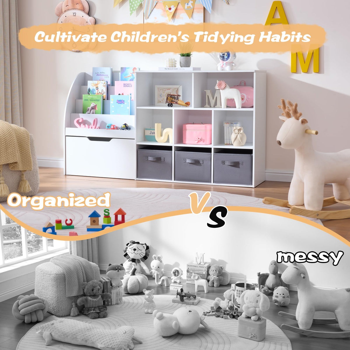 Fatmok Kids Bookshelf and Toy Storage, 2 Pack 58.5ââ Toy Organizer with Movable Chests & 3 Storage Bins, Large Kids Reading Nook with 5 Cubbies for Playroom, Bedroom, Nursery, White