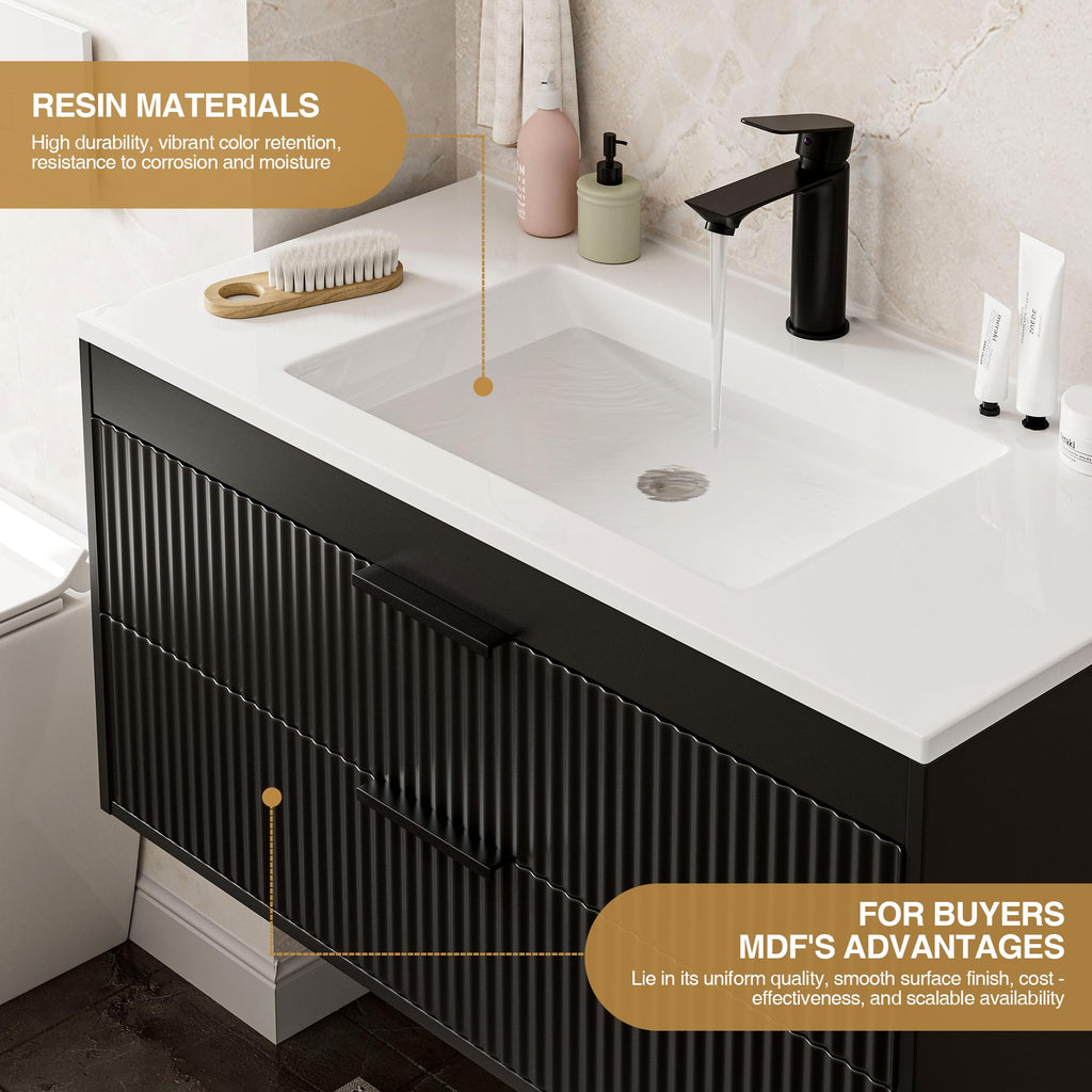 24 Inches Modern MDF Bathroom Vanity with Sink, Wall Mounted Floating Cabinets w/Double Drawers, Black Handles, White Resin Sink Combo Set (Black, 24")