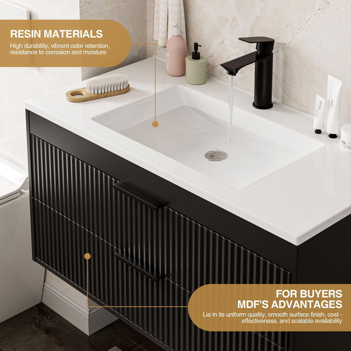 24 Inches Modern MDF Bathroom Vanity with Sink, Wall Mounted Floating Cabinets w/Double Drawers, Black Handles, White Resin Sink Combo Set (Black, 24")