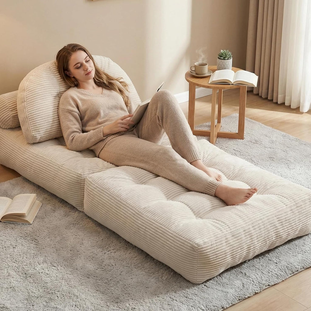 Convertible Corduroy Floor Sofa, 3-in-1 Folding Lazy Sofa Bed with Adjustable Backrest, Soft Bean Bag Chair Lounger for Living Room, Bedroom, Guest Room, Oversized Sleeper Chair