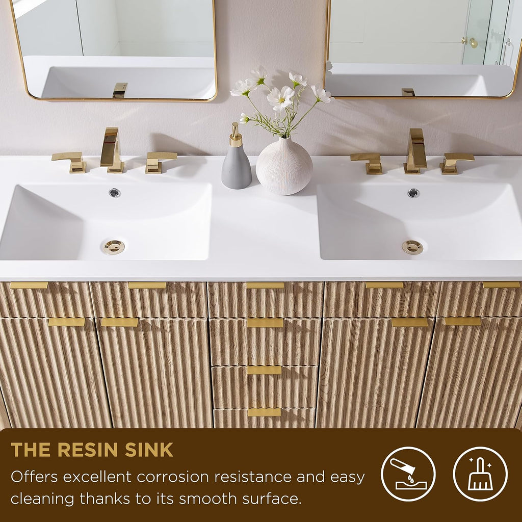 T4TREAM 60" Fluted Bathroom Vanity with Resin Sink Combo, Natural Oak