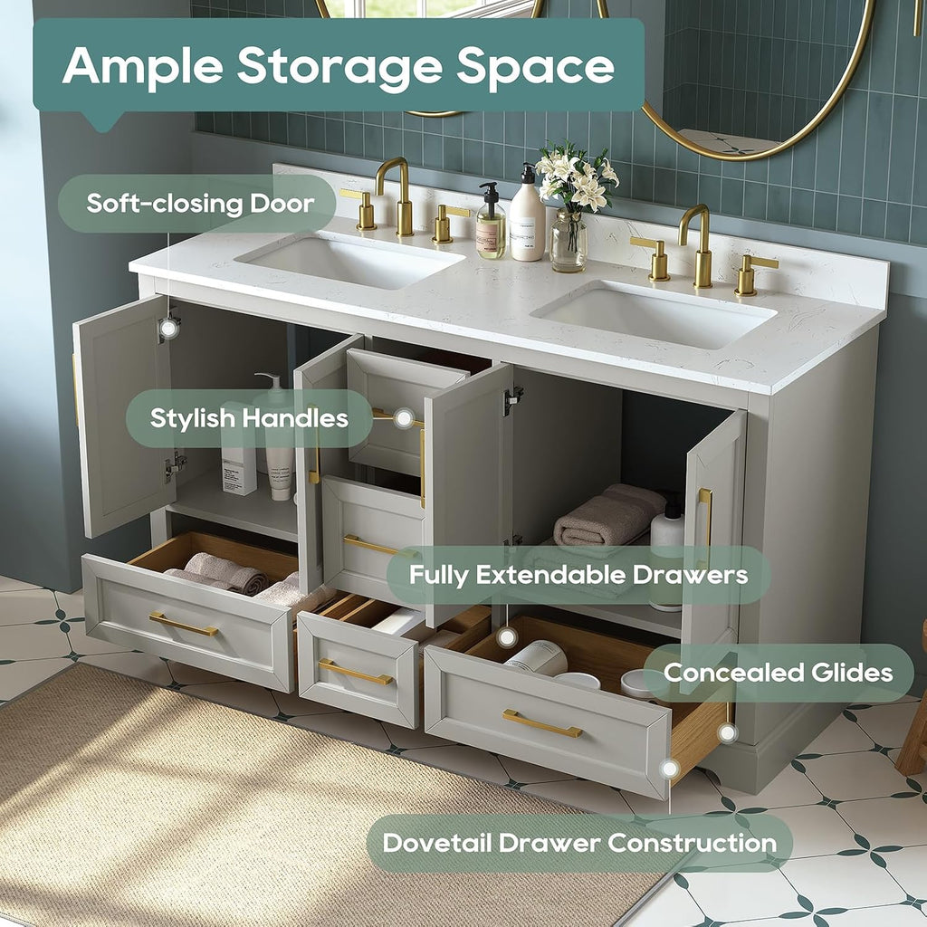 60 Inch Bathroom Vanity with Double Sink Combo, Greige