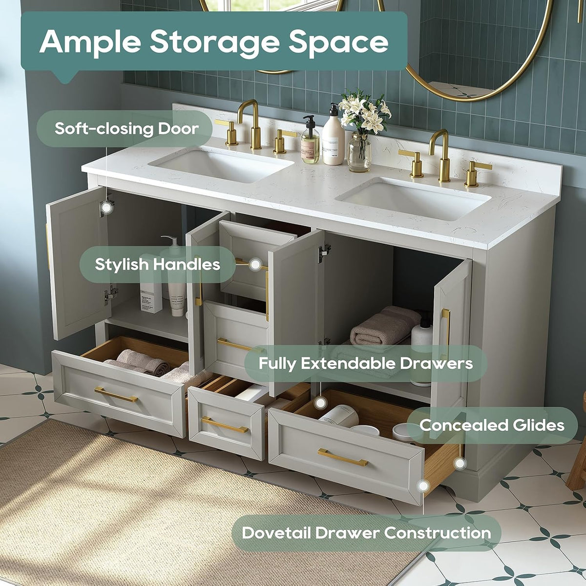 60 Inch Bathroom Vanity with Double Sink Combo, Greige