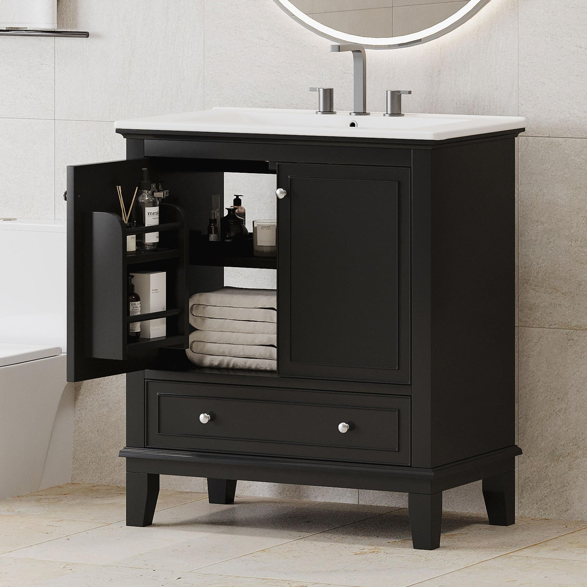 30" Bathroom Vanity Cabinet with Undermount Sink, Storage Rack Shelf, Multi-Functional Drawer Divider, Soft Closing Doors, Black