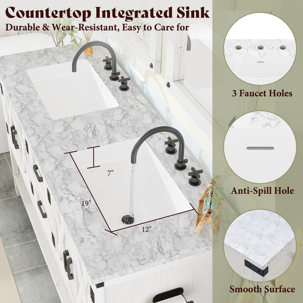 AMERLIFE 48" White Farmhouse Sink Bathroom Vanity, Solid White Top