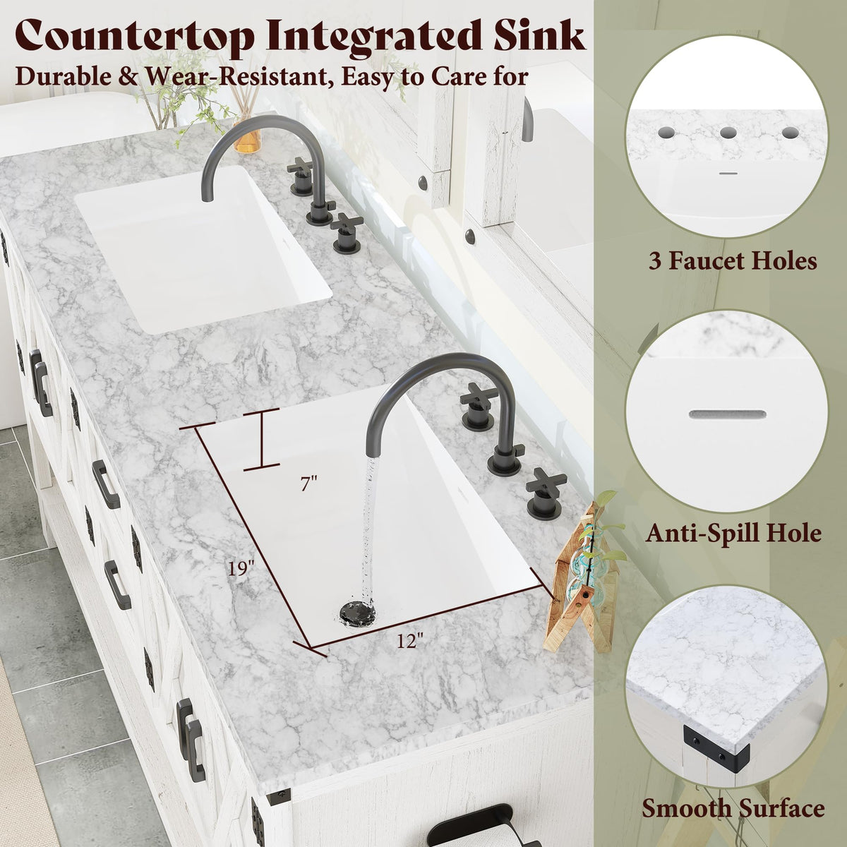 AMERLIFE 48" White Farmhouse Sink Bathroom Vanity, Solid White Top