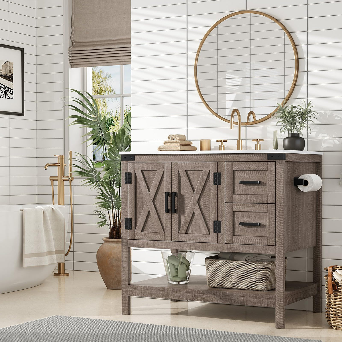 AMERLIFE 48" White Farmhouse Sink Bathroom Vanity, Solid White Top