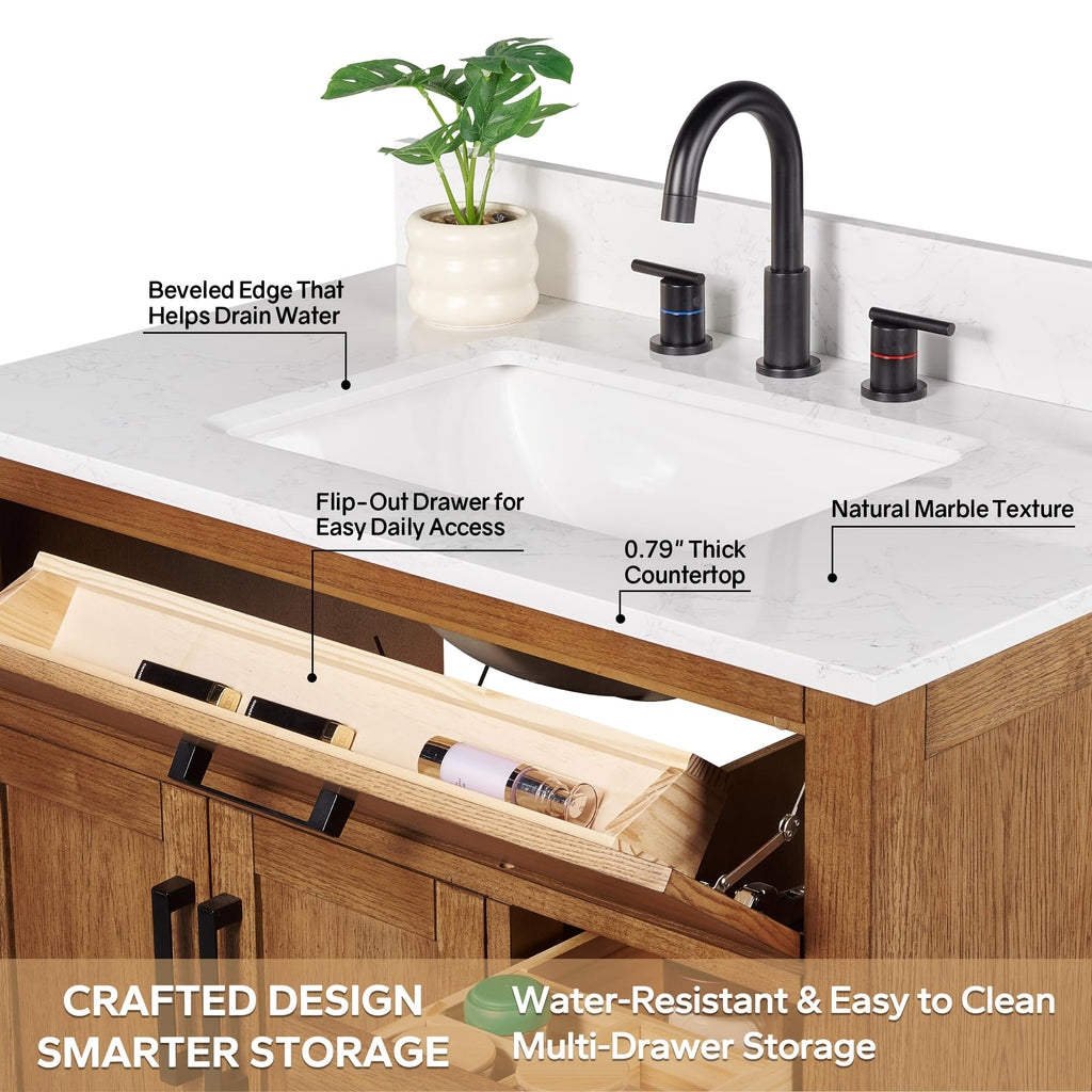 48-inch Dark Walnut Bathroom Vanity with Sink, Solid Wood, 0.79-inch Stone Countertop and Backsplash, 9 Drawers, 2 Soft Closing Doors