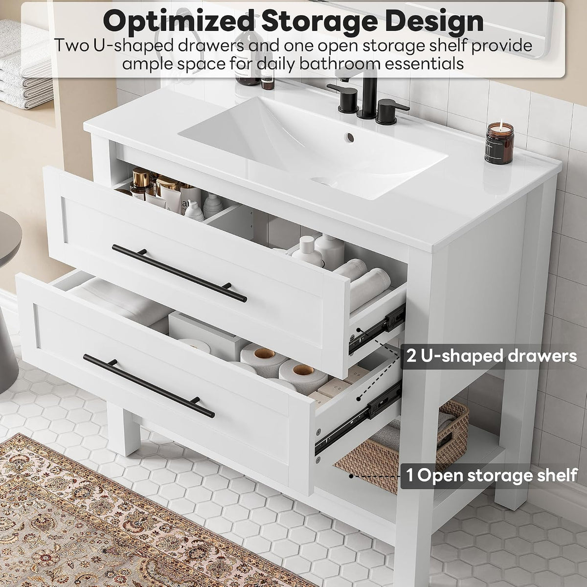 LIKIMIO 36" Bathroom Vanity with Sink, 2 Drawers & Open Shelf, White
