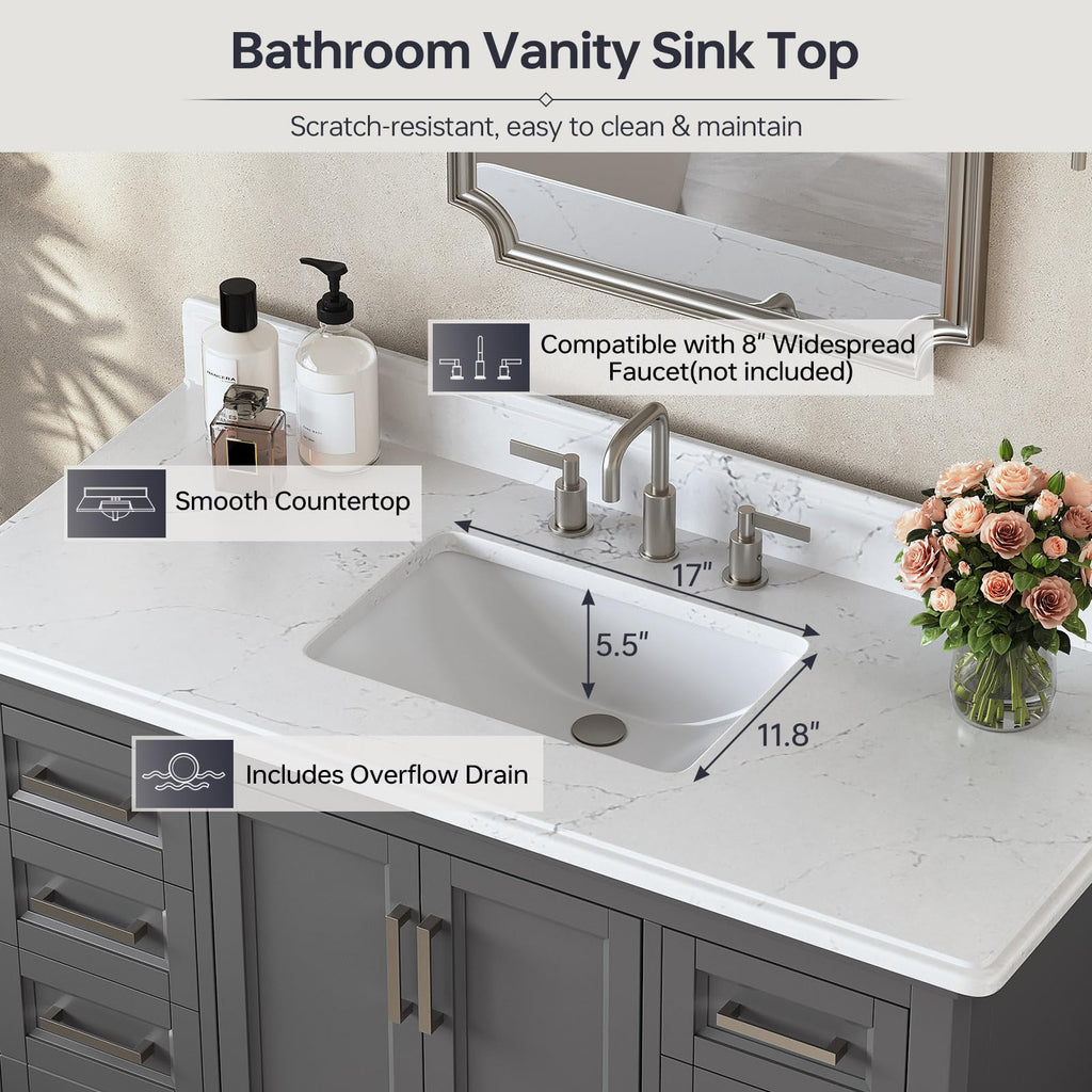 42 Inch Bathroom Vanity with Sink, Pre Assembled, White