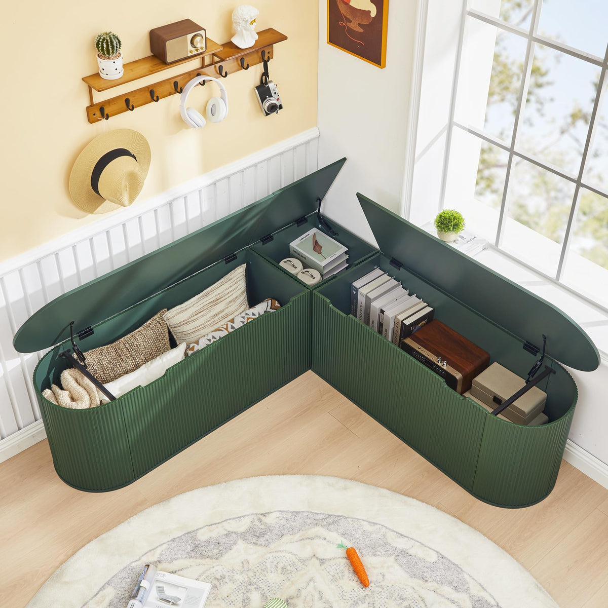 RARZOE 43.3" Fluted Storage Chest, Oval Storage Bench with 4 Wheels,(Green)