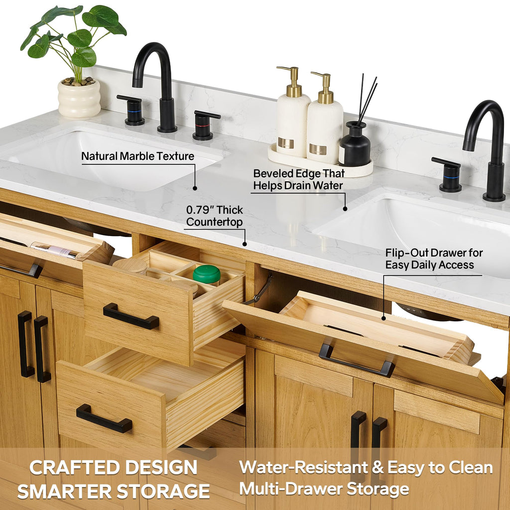 48-inch Dark Walnut Bathroom Vanity with Sink, Solid Wood, 0.79-inch Stone Countertop and Backsplash, 9 Drawers, 2 Soft Closing Doors