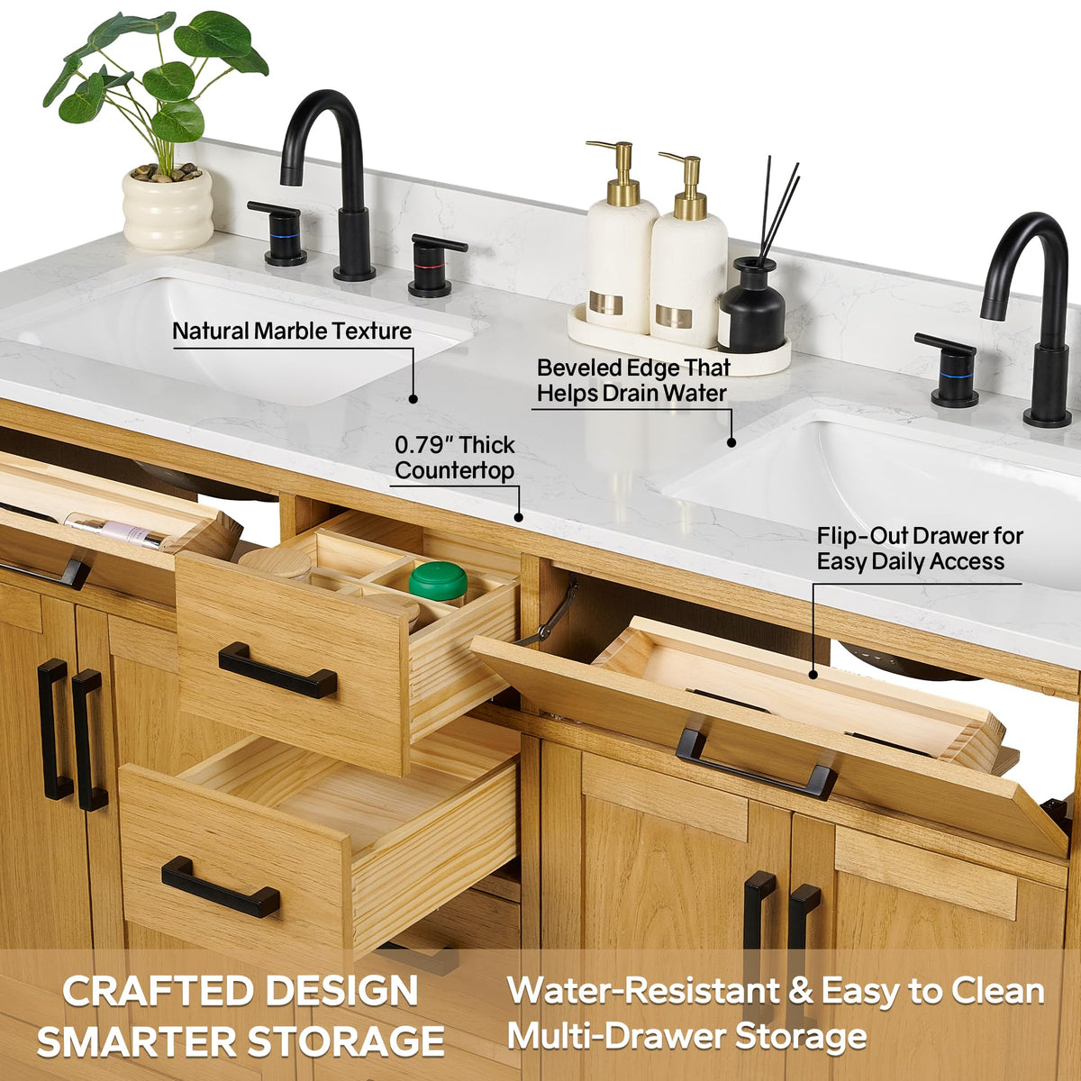48-inch Dark Walnut Bathroom Vanity with Sink, Solid Wood, 0.79-inch Stone Countertop and Backsplash, 9 Drawers, 2 Soft Closing Doors