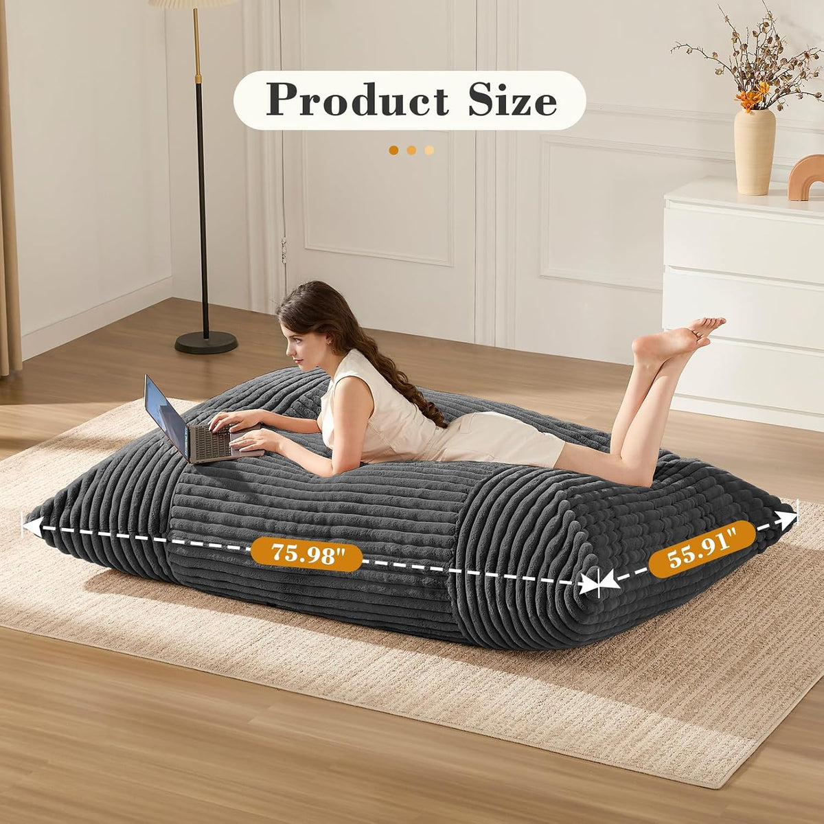 3-in-1 Giant Bean Bag Chair for Adults & Kids, Convertible Floor Sofa to Mattress, Memory Foam Beanbag Chair with Washable Cover, Multi Functional Lounge Couch for Bedroom, Living Room (Dark Grey)