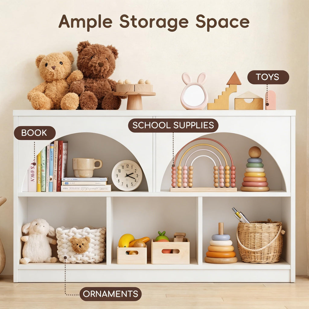 Fatmok Kids Bookshelf and Toy Storage, 2 Pack 58.5ââ Toy Organizer with Movable Chests & 3 Storage Bins, Large Kids Reading Nook with 5 Cubbies for Playroom, Bedroom, Nursery, White