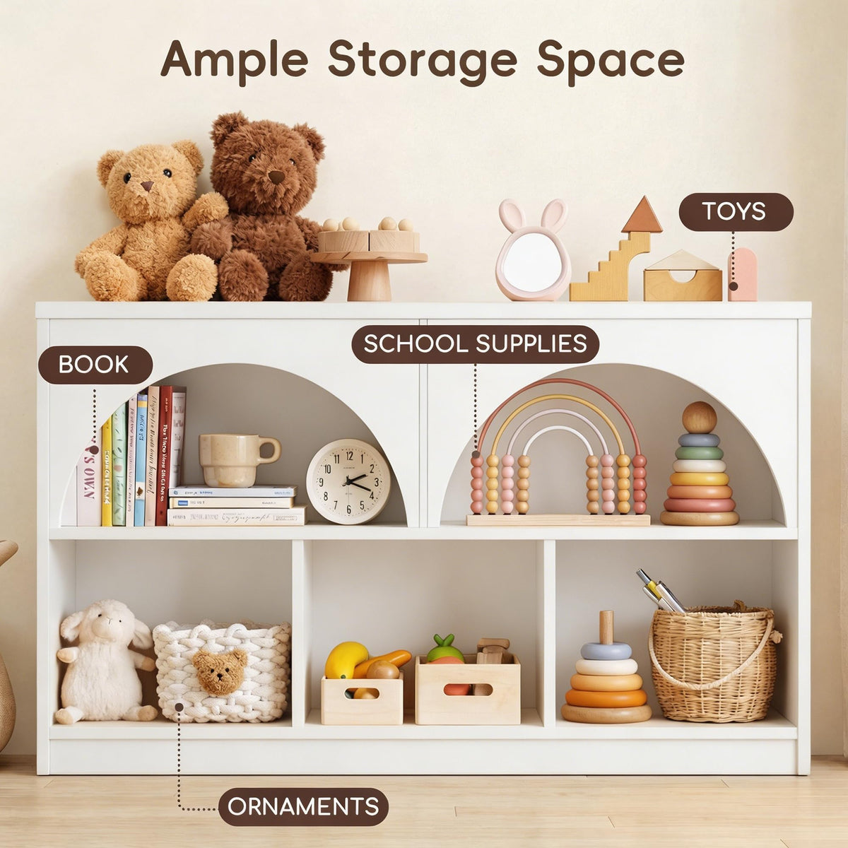 Fatmok Kids Bookshelf and Toy Storage, 2 Pack 58.5ââ Toy Organizer with Movable Chests & 3 Storage Bins, Large Kids Reading Nook with 5 Cubbies for Playroom, Bedroom, Nursery, White