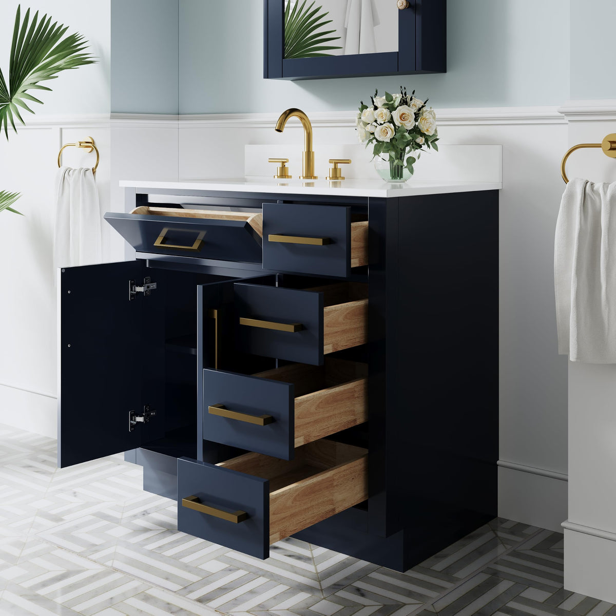 WELLFOR 36-Inch Bathroom Vanity with Sink W/ 2 Doors & 4 Drawers & 1 Flip Drawer,Navy Blue Vanity W/Matte Black Handles