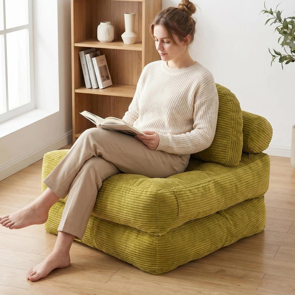 Convertible Corduroy Floor Sofa, 3-in-1 Folding Lazy Sofa Bed with Adjustable Backrest, Soft Bean Bag Chair Lounger for Living Room, Bedroom, Guest Room, Oversized Sleeper Chair