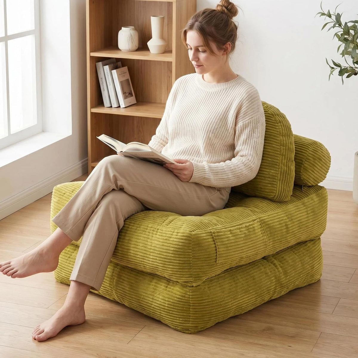 Convertible Corduroy Floor Sofa, 3-in-1 Folding Lazy Sofa Bed with Adjustable Backrest, Soft Bean Bag Chair Lounger for Living Room, Bedroom, Guest Room, Oversized Sleeper Chair