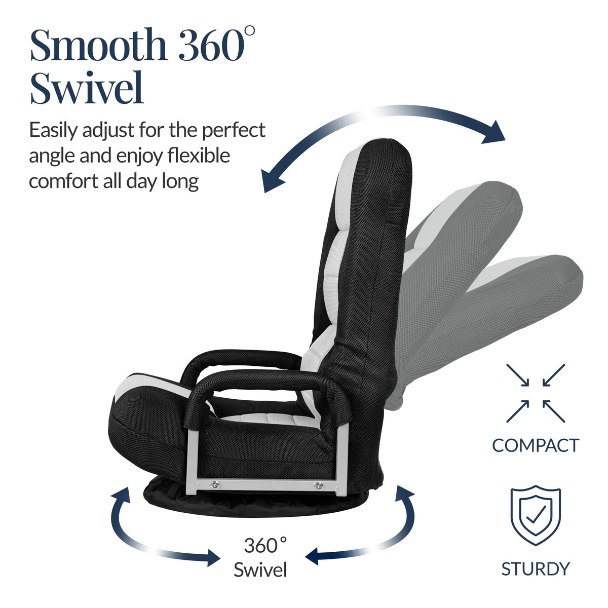 Best Choice Products Swivel Gaming Chair 360 Degree Multipurpose Floor Chair Rocker for TV, Reading, Playing Video Games w/Lumbar Support, Armrest Handles, Adjustable Foldable Backrest - Black/Black