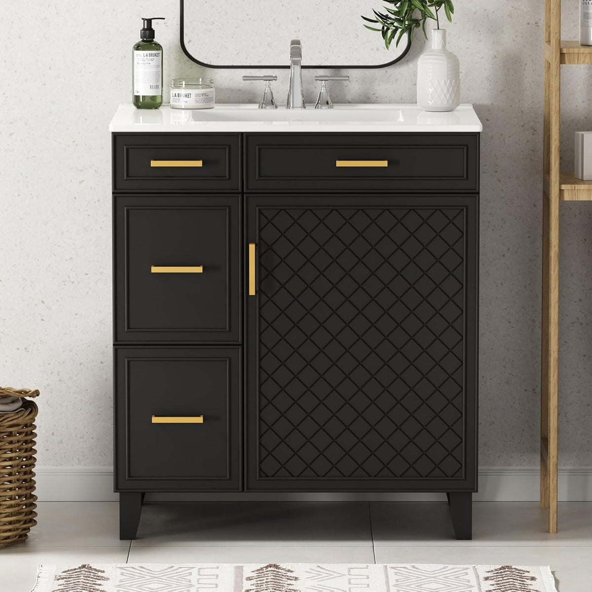 30" Bathroom Vanity with Sink, Solid Wood Frame Modern with Charging Station, Bathroom Single Sink Cabinet with 2 Drawers and 1 Doors, Gold Metal Handles, Black